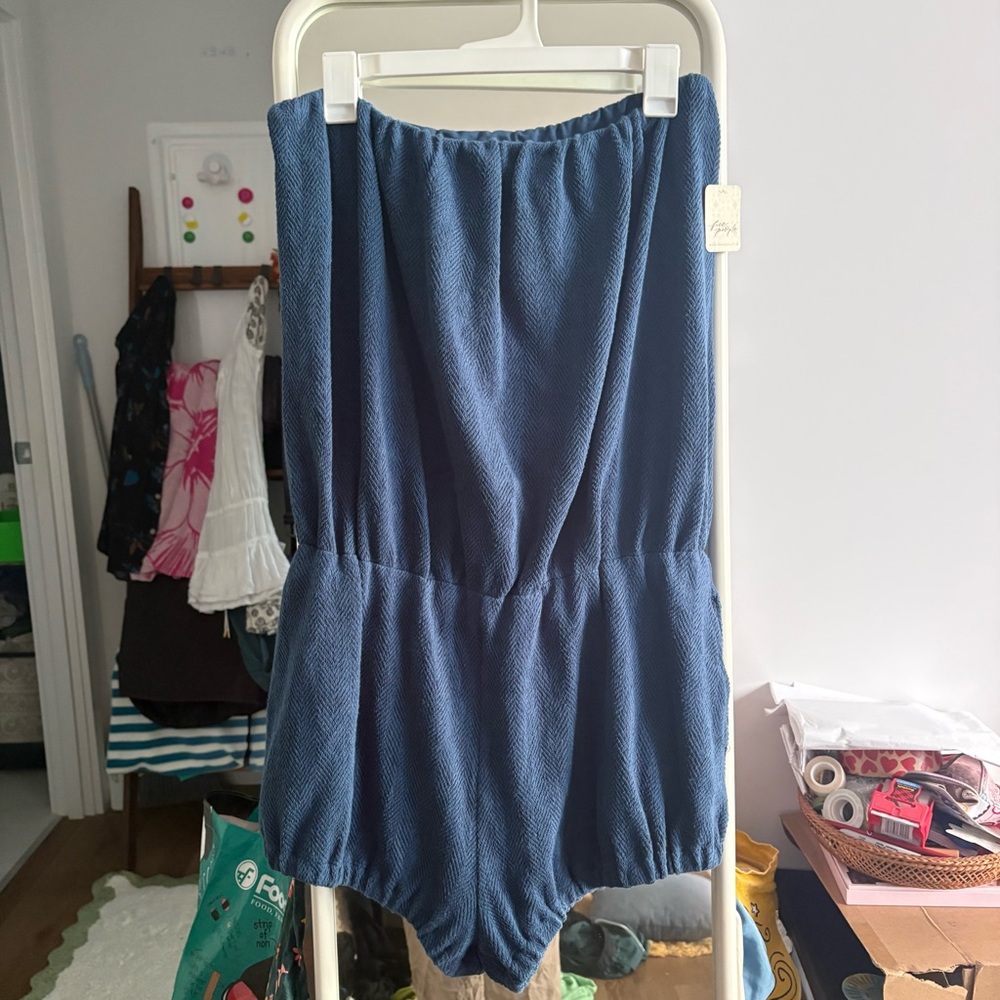 New! Free People Navy Blue Textured Strapless Romper